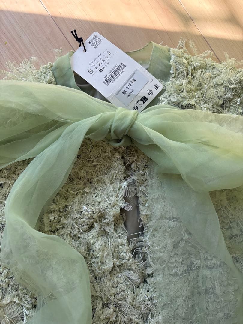 zaraオーガンザ リボン ジャケット S ライトグリーン