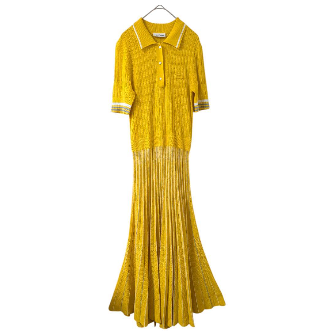 【レア】ラコステ ロングプリーツニットワンピース 半袖 イエロー ワニロゴ