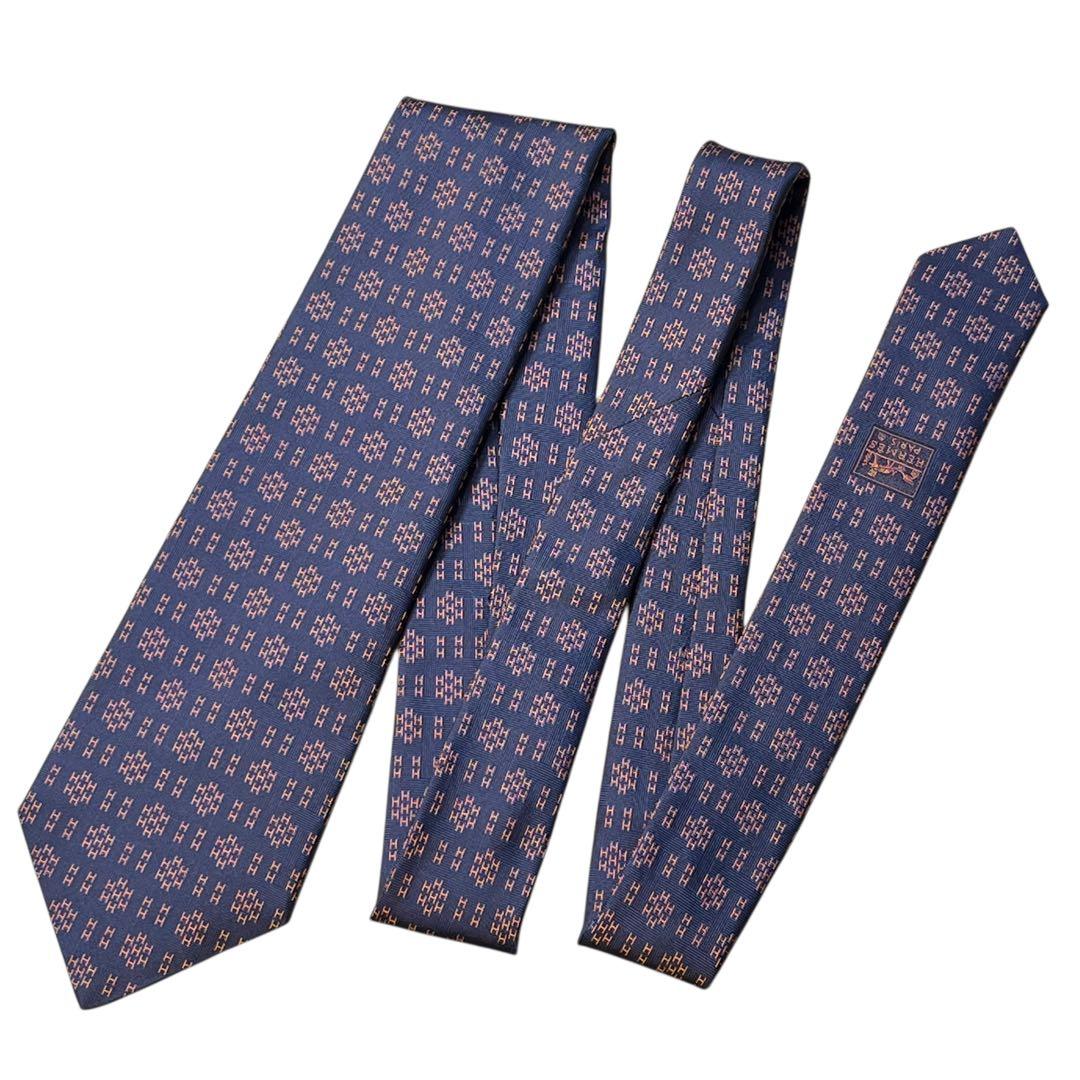 極美品　現行　エルメス　ネクタイ　紺　オレンジ　H柄　総柄　ジャガード