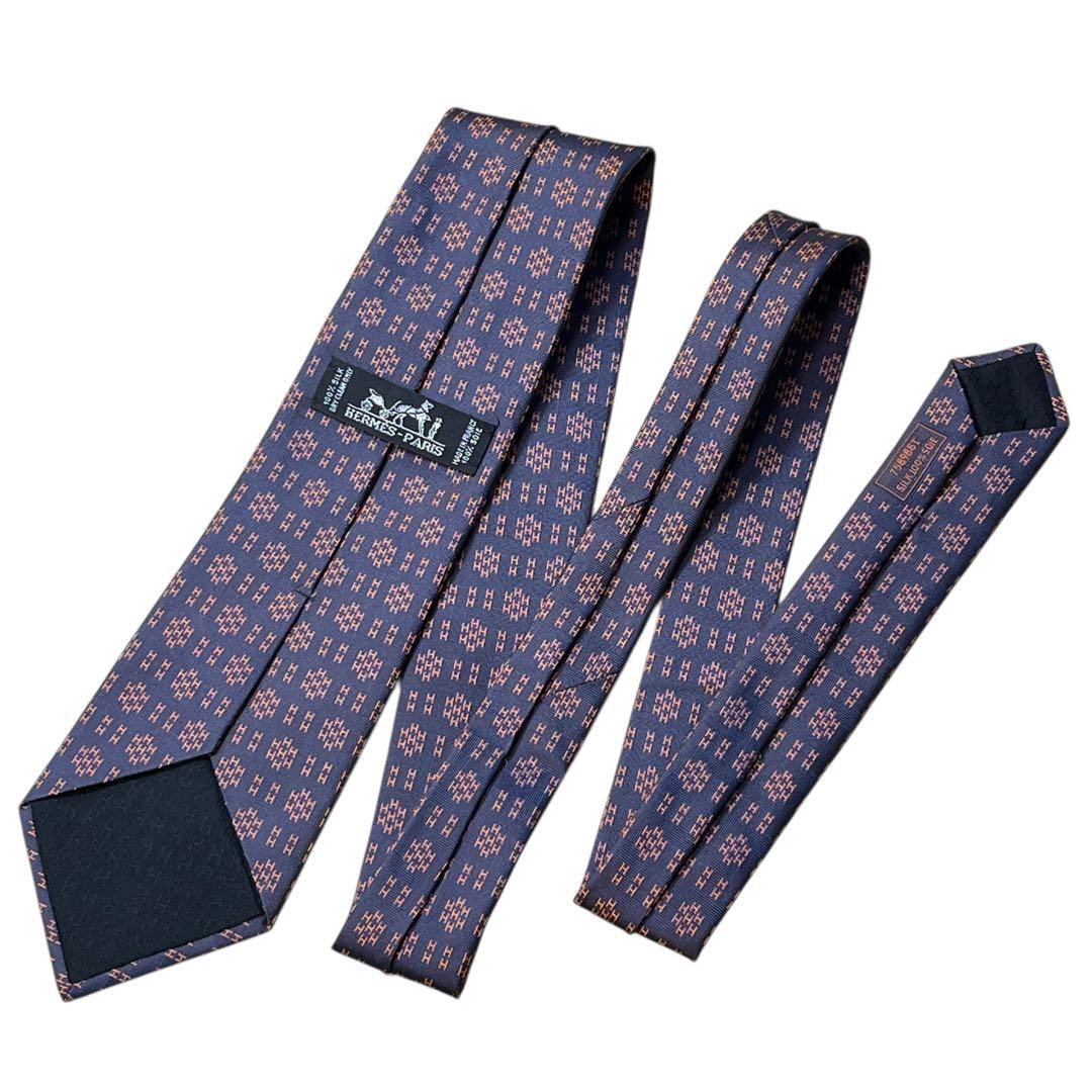 極美品　現行　エルメス　ネクタイ　紺　オレンジ　H柄　総柄　ジャガード