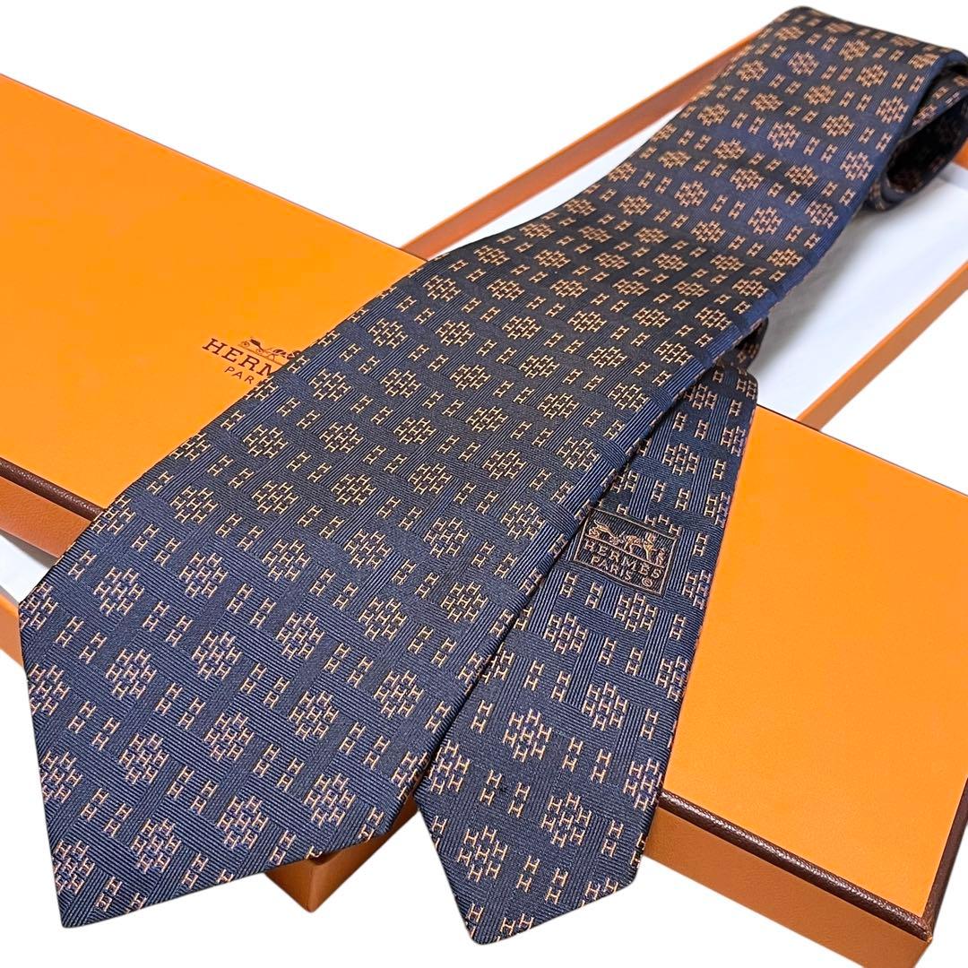 極美品　現行　エルメス　ネクタイ　紺　オレンジ　H柄　総柄　ジャガード