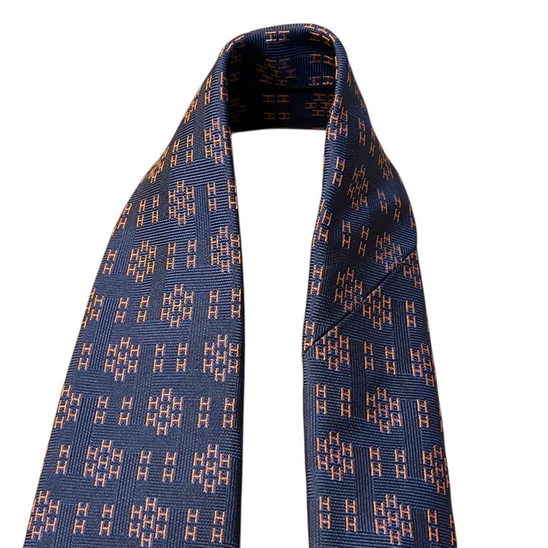 極美品　現行　エルメス　ネクタイ　紺　オレンジ　H柄　総柄　ジャガード