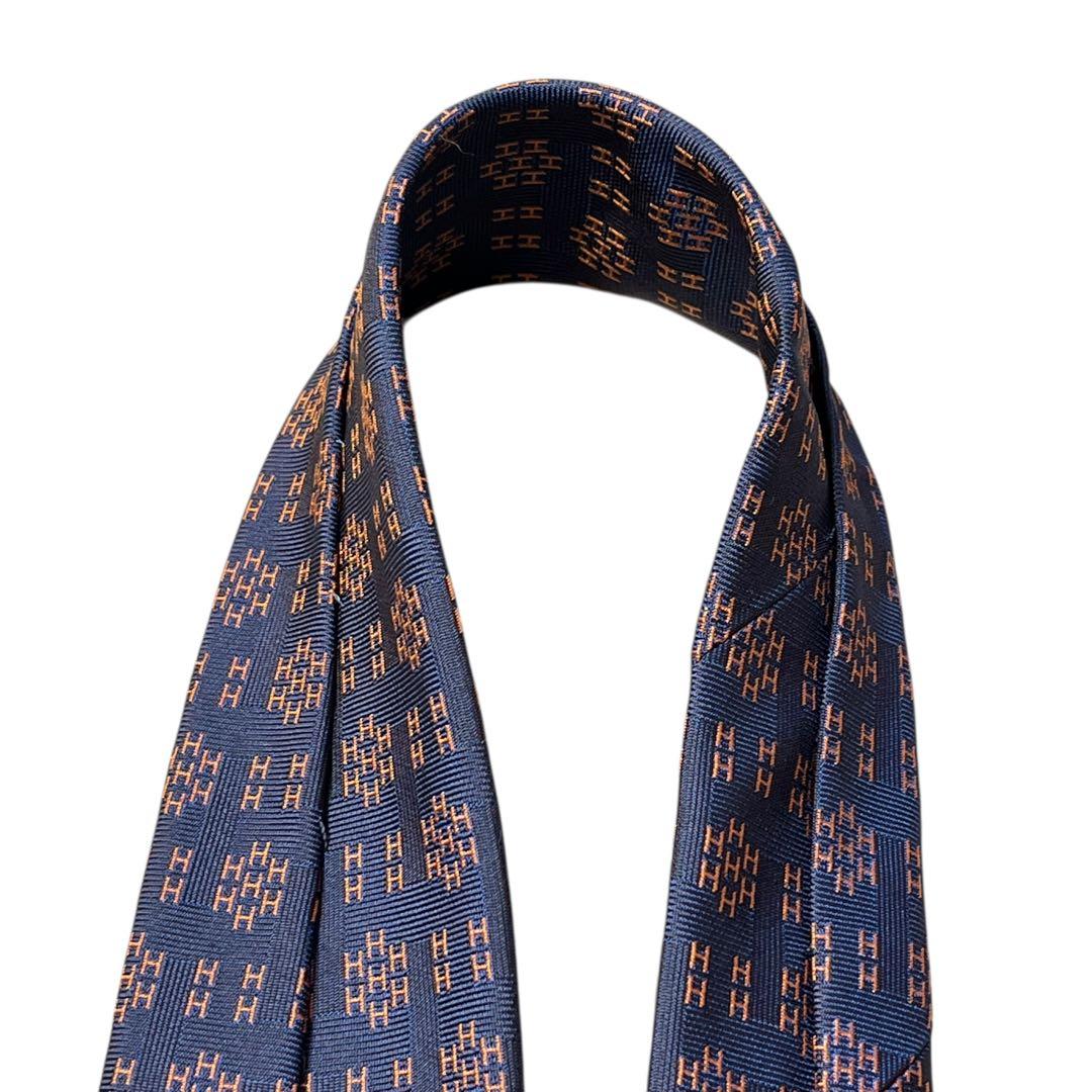 極美品　現行　エルメス　ネクタイ　紺　オレンジ　H柄　総柄　ジャガード