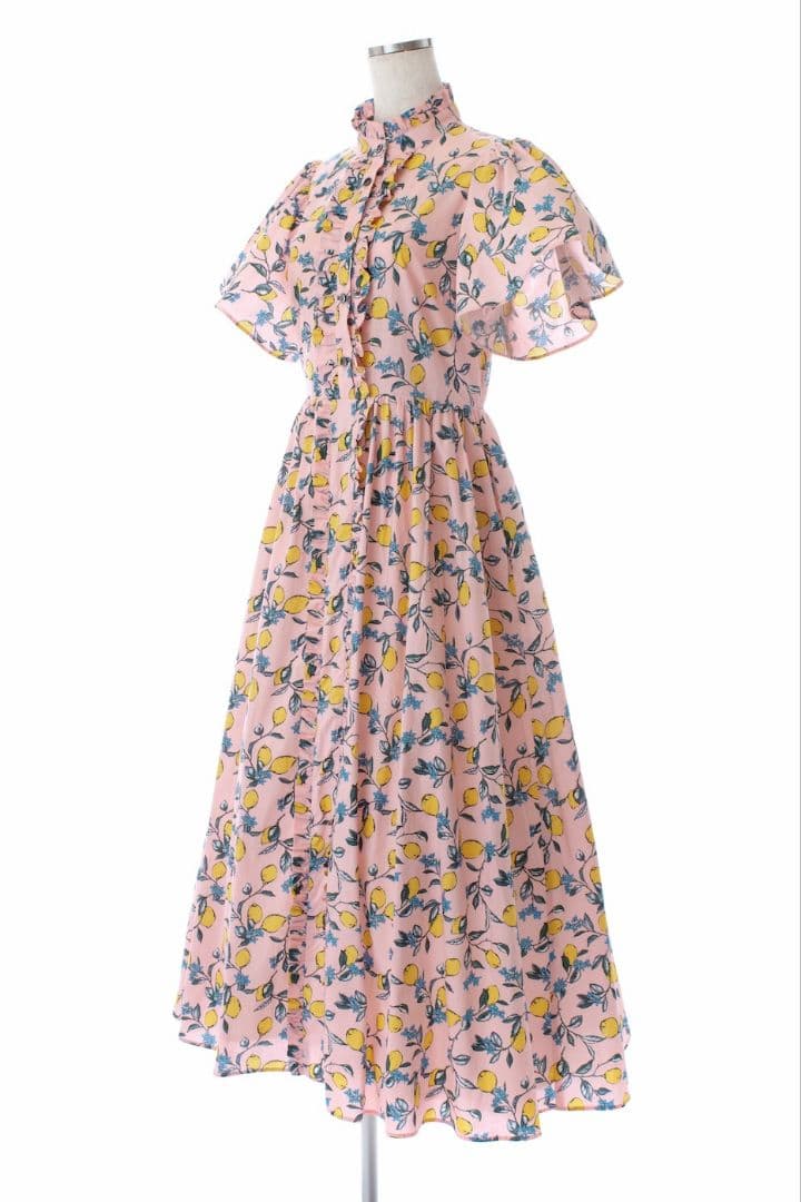 【最終値下】オブリ　レモンワンピース　フリル　フレア　ギャザー　総柄　Aライン