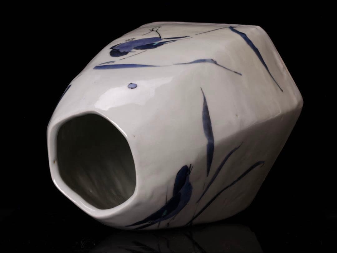 九谷焼陶芸作家 佐藤亮作『色絵 花器』 共箱付 鳥草文 花瓶 花入 在銘 作家物