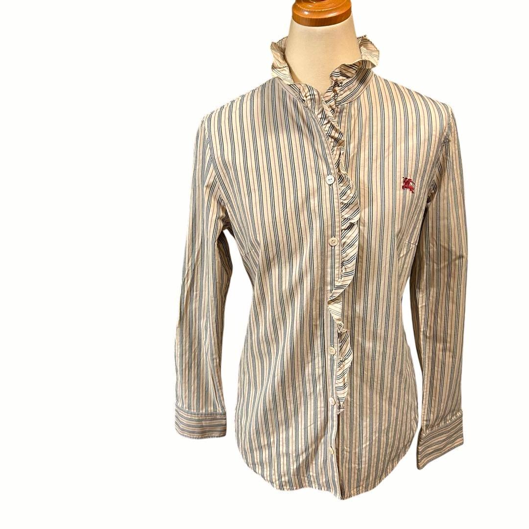 バーバリーロンドン フリル ストライプ ブラウス 38 綿 ホース刺繍 ベージュ