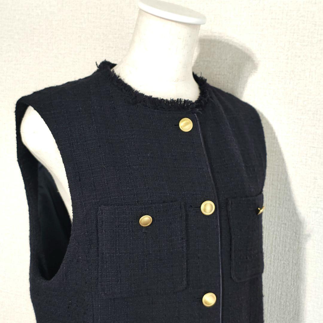 美品 グリーンレーベルリラクシング ツイード フリンジ ポケット ベスト ジレ