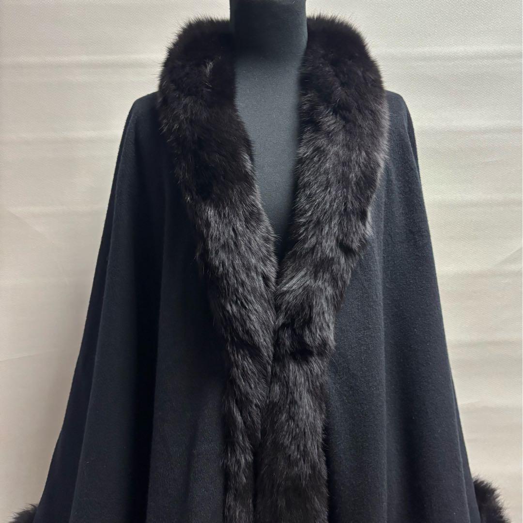 カシミヤケープマント フォックストリミング ロング丈 ブラック レディース