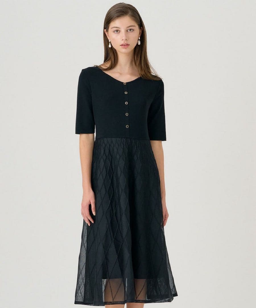 【1314】アナイ　シースルーダイヤ柄ニット ワンピース　黒　　38