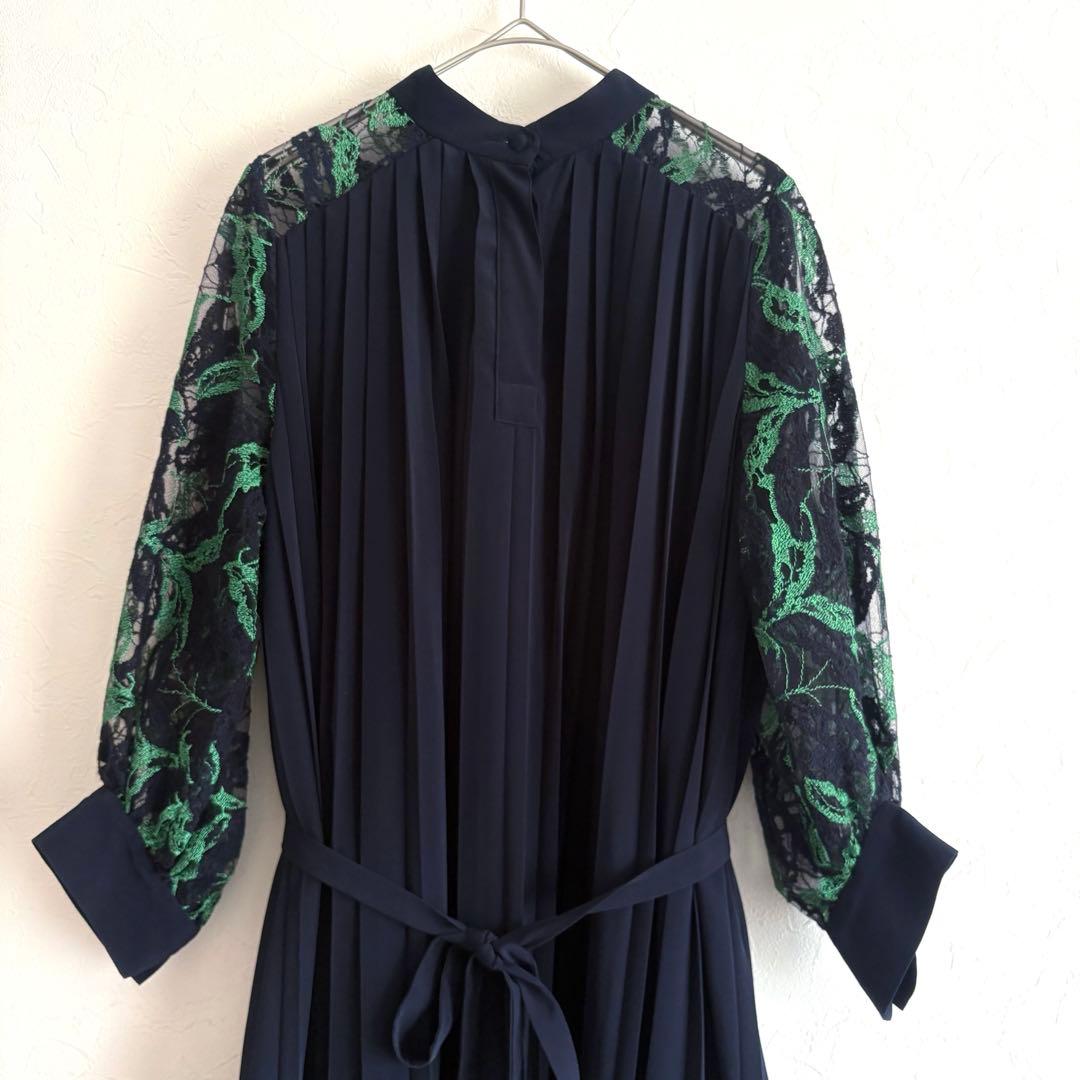 PANORMO パノルモ レーススリーブ プリーツ ドレス ワンピース ネイビー