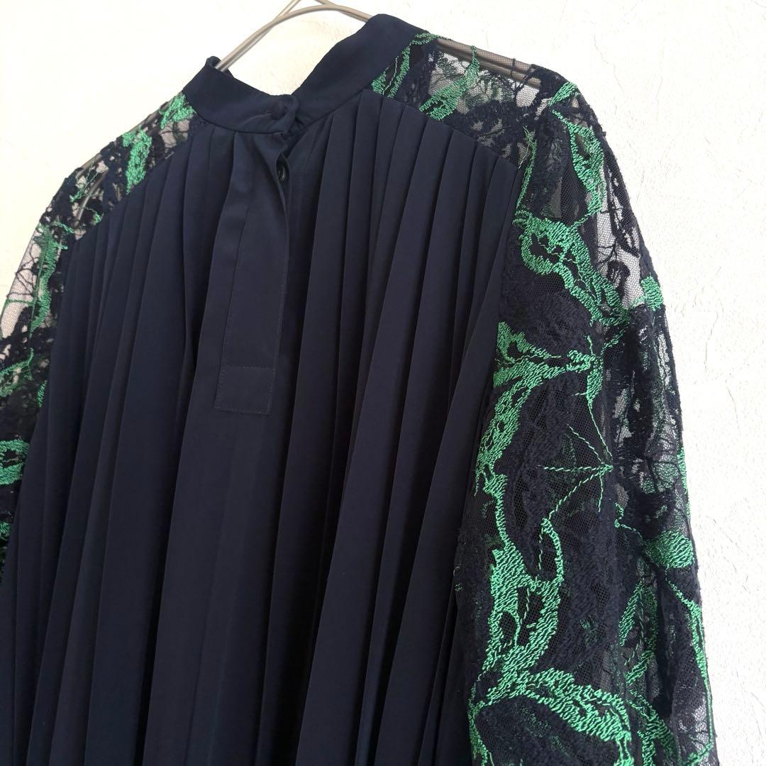 PANORMO パノルモ レーススリーブ プリーツ ドレス ワンピース ネイビー