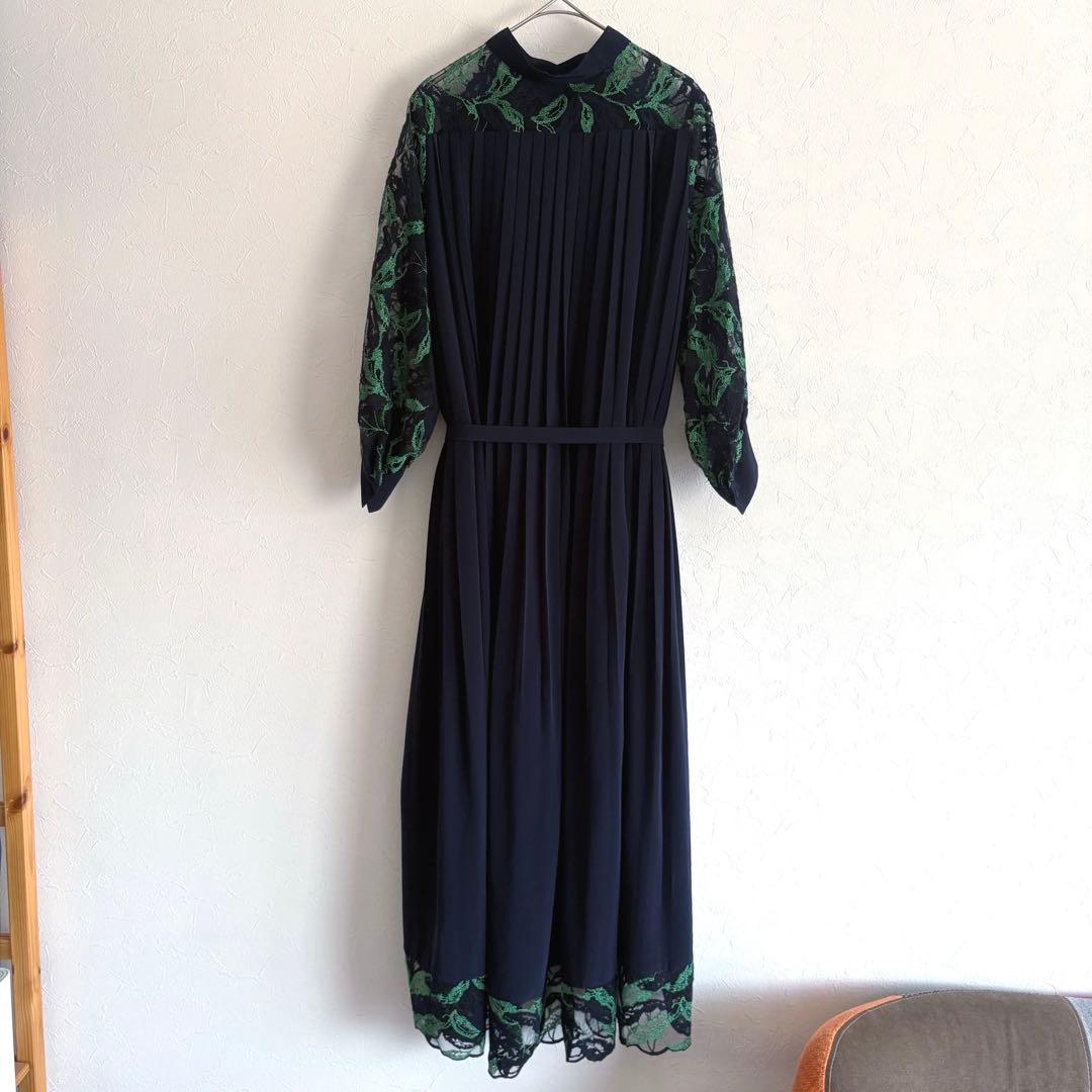 PANORMO パノルモ レーススリーブ プリーツ ドレス ワンピース ネイビー