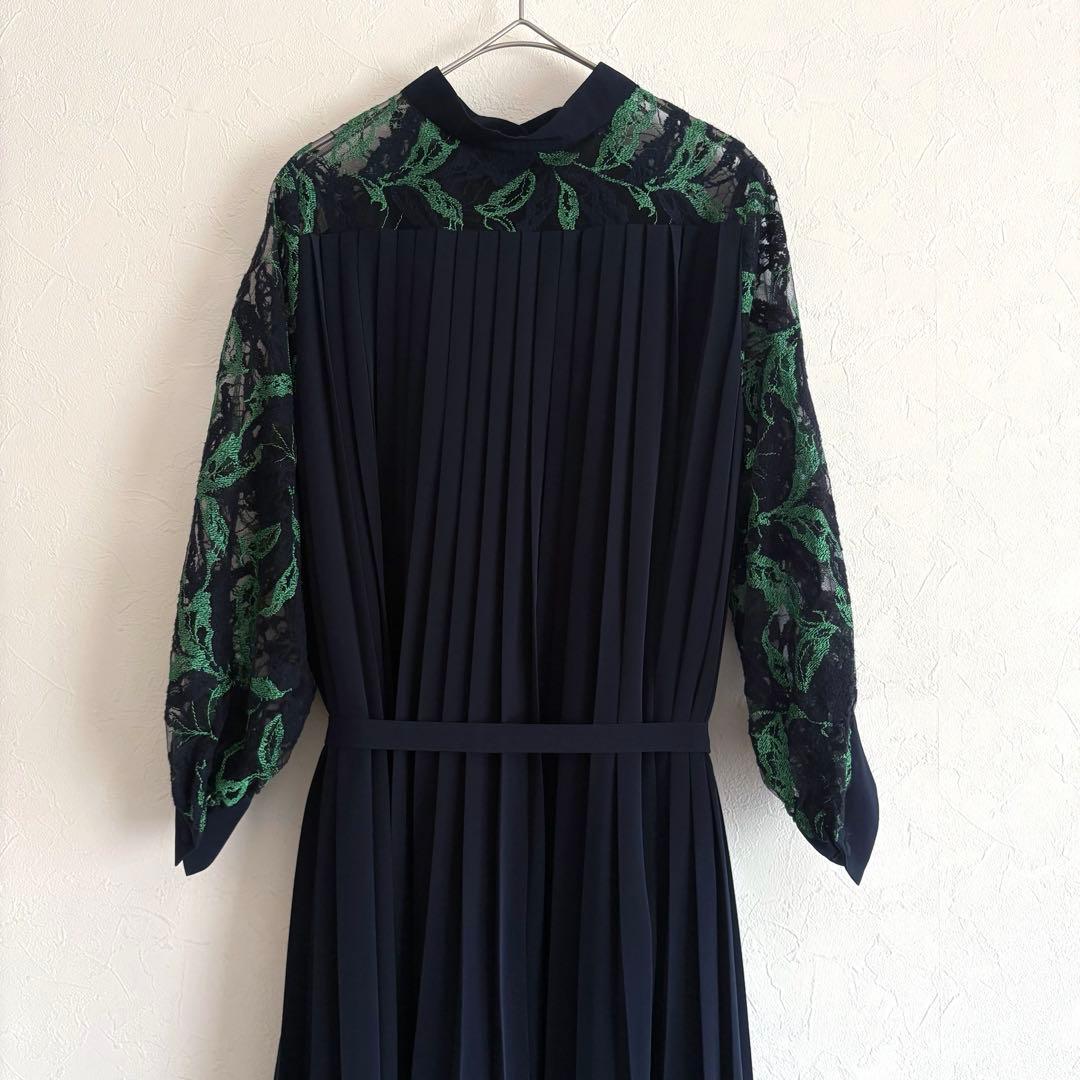 PANORMO パノルモ レーススリーブ プリーツ ドレス ワンピース ネイビー