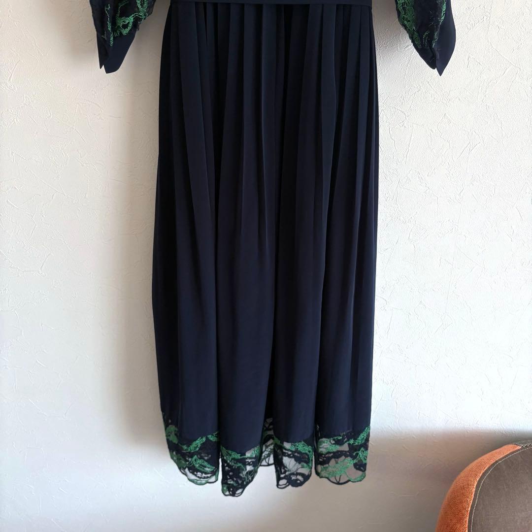 PANORMO パノルモ レーススリーブ プリーツ ドレス ワンピース ネイビー