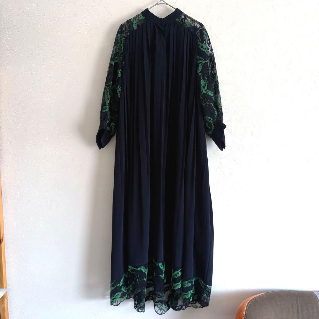 PANORMO パノルモ レーススリーブ プリーツ ドレス ワンピース ネイビー