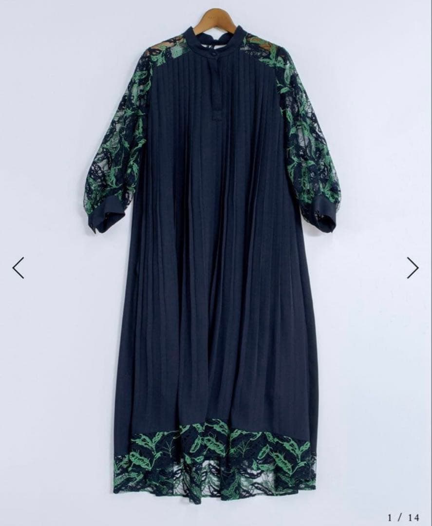 PANORMO パノルモ レーススリーブ プリーツ ドレス ワンピース ネイビー