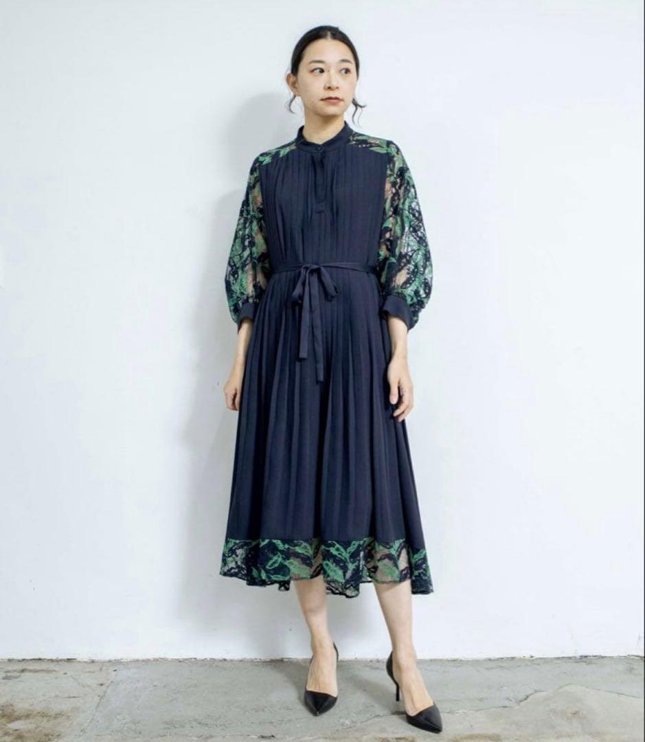 PANORMO パノルモ レーススリーブ プリーツ ドレス ワンピース ネイビー