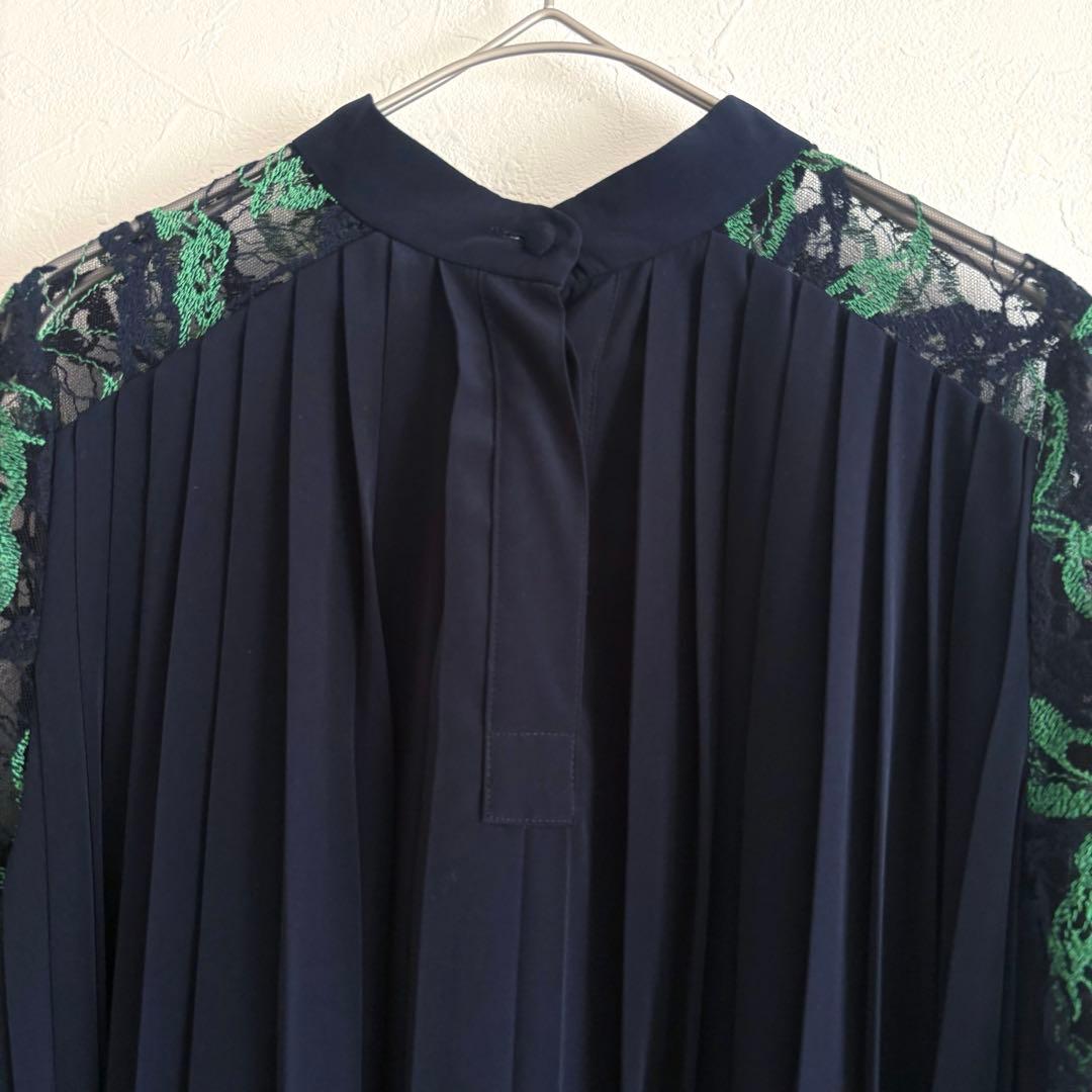 PANORMO パノルモ レーススリーブ プリーツ ドレス ワンピース ネイビー