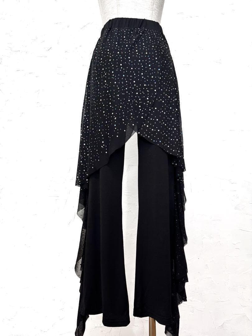 【華美】新品オーバーメッシュ　オーロラスパンコールデザインパンツ 黒ｐ55