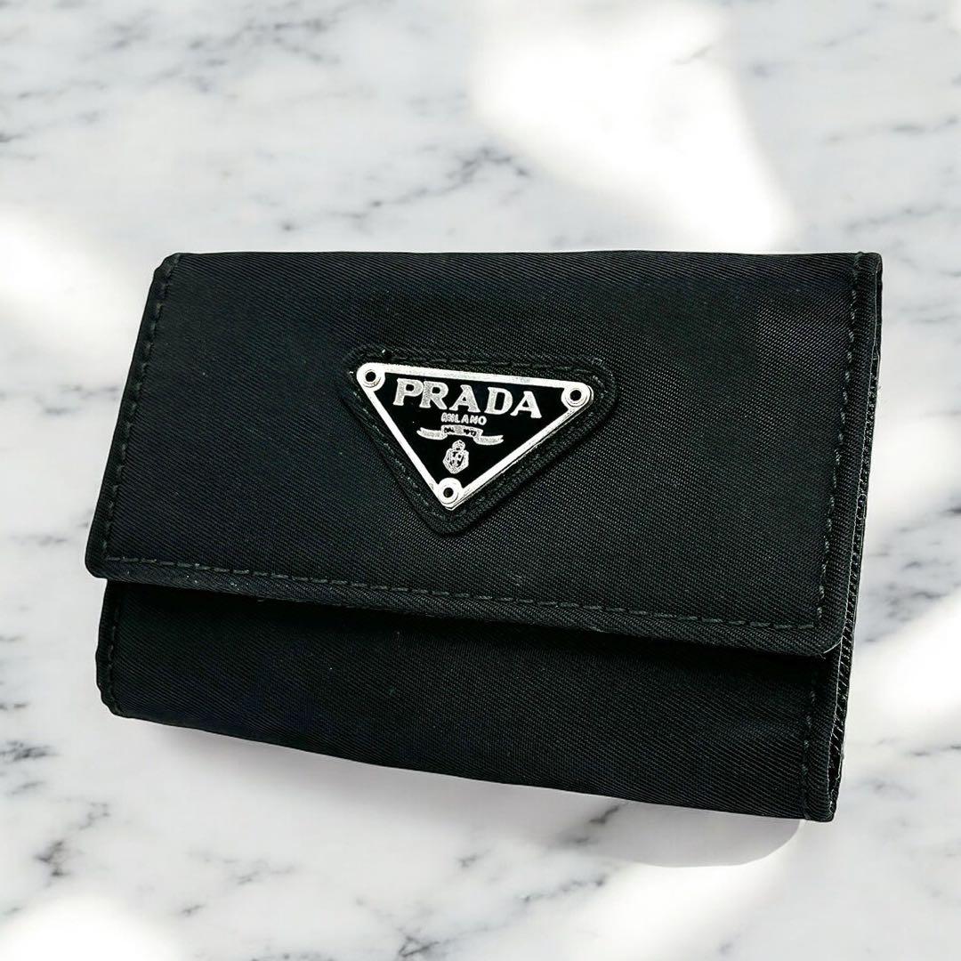 【美品完備】PRADA ブラック テスートナイロン 三つ折り財布 三角ロゴ