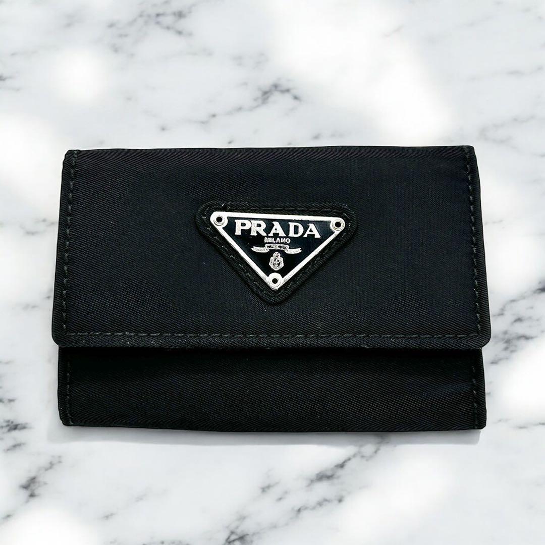 【美品完備】PRADA ブラック テスートナイロン 三つ折り財布 三角ロゴ