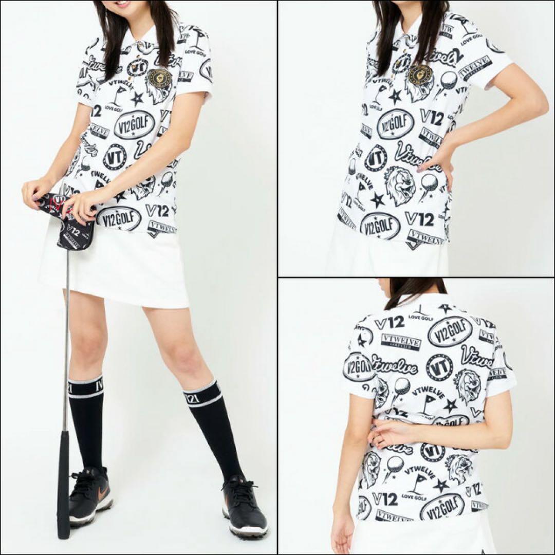 【美品】V12 ゴルフ レディース 半袖 ポロシャツ 0 白黒 総柄