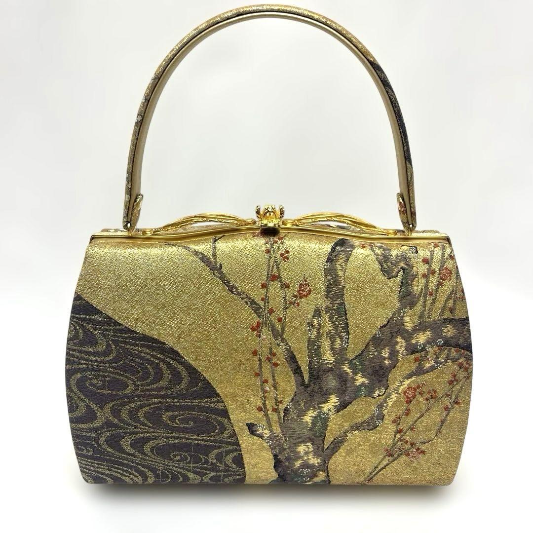 【高級和装小物】バッグと草履セット　紅白梅図　ゴールド