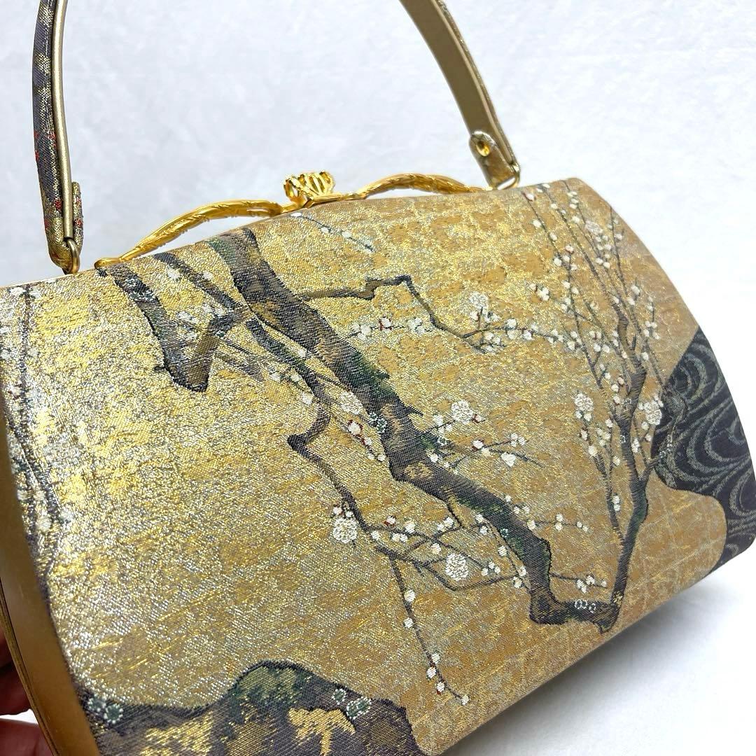 【高級和装小物】バッグと草履セット　紅白梅図　ゴールド