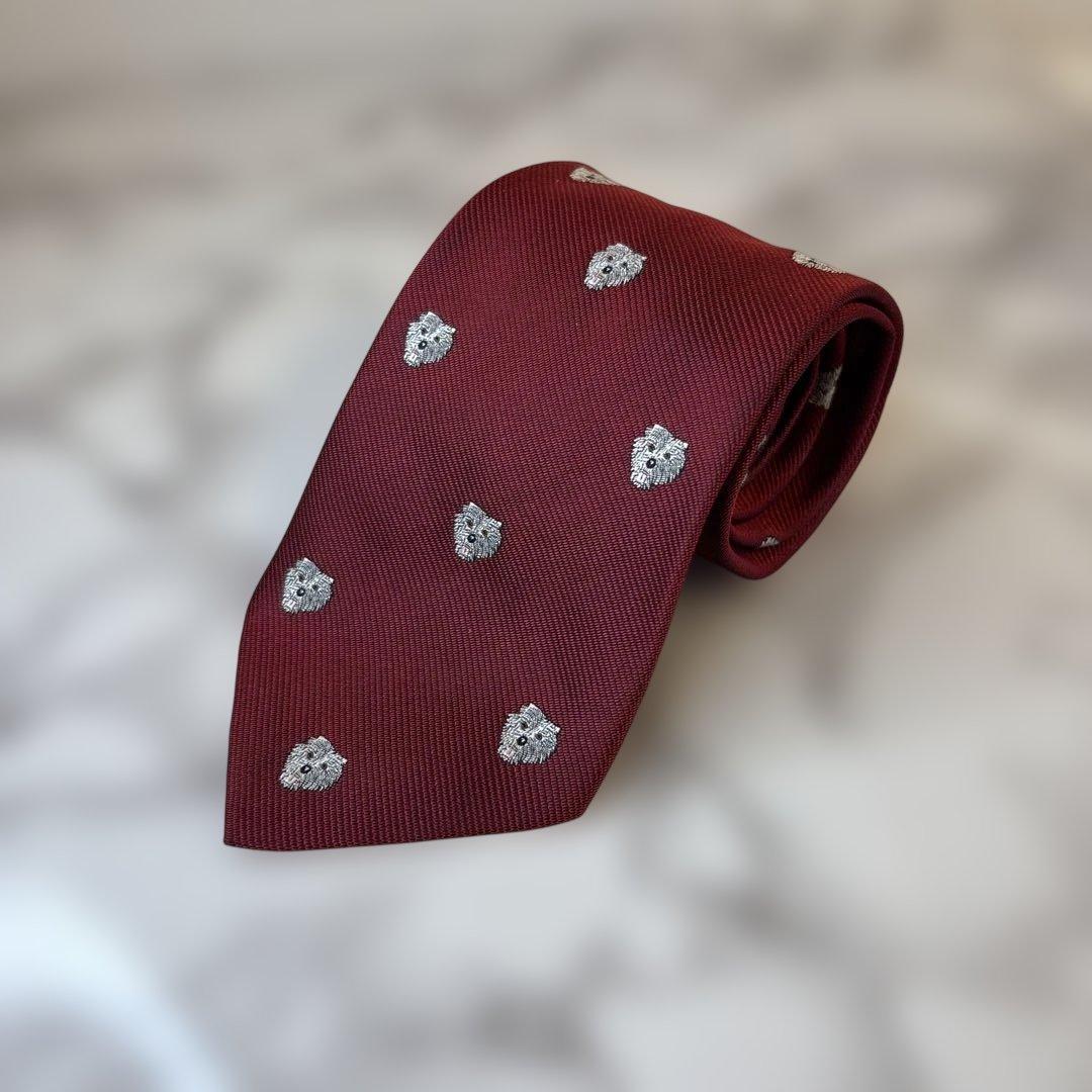 HERMES ネクタイ　レッド　アニマル柄　ライオン　刺繍