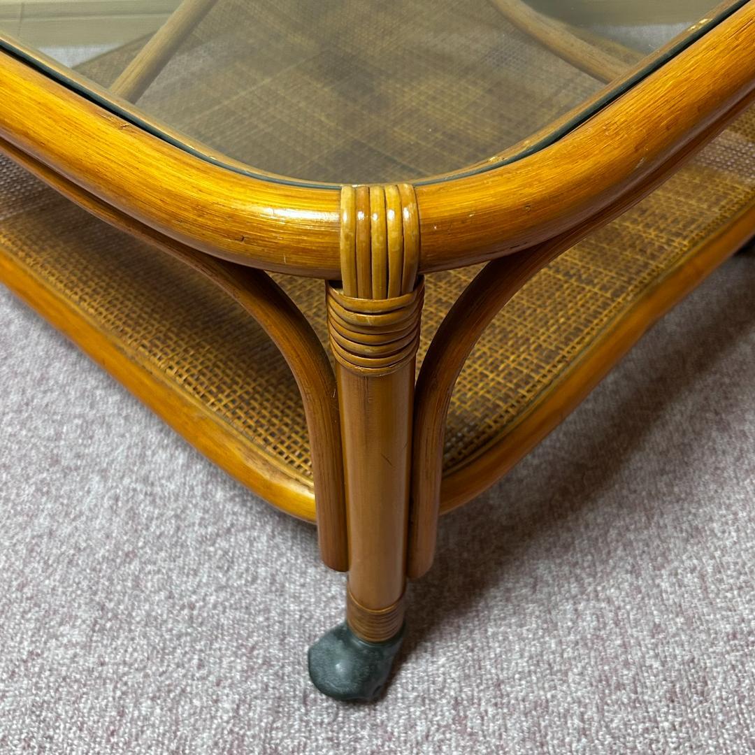 ヴィンテージ ガラス ラタン 籐 テーブル コーヒーテーブル レトロ　キャスター