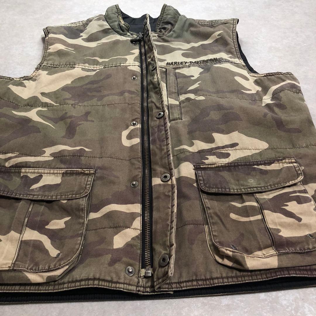00sハーレーダビッドソン リバーシブル中綿ベスト 迷彩 黒 L 刺繍 古着
