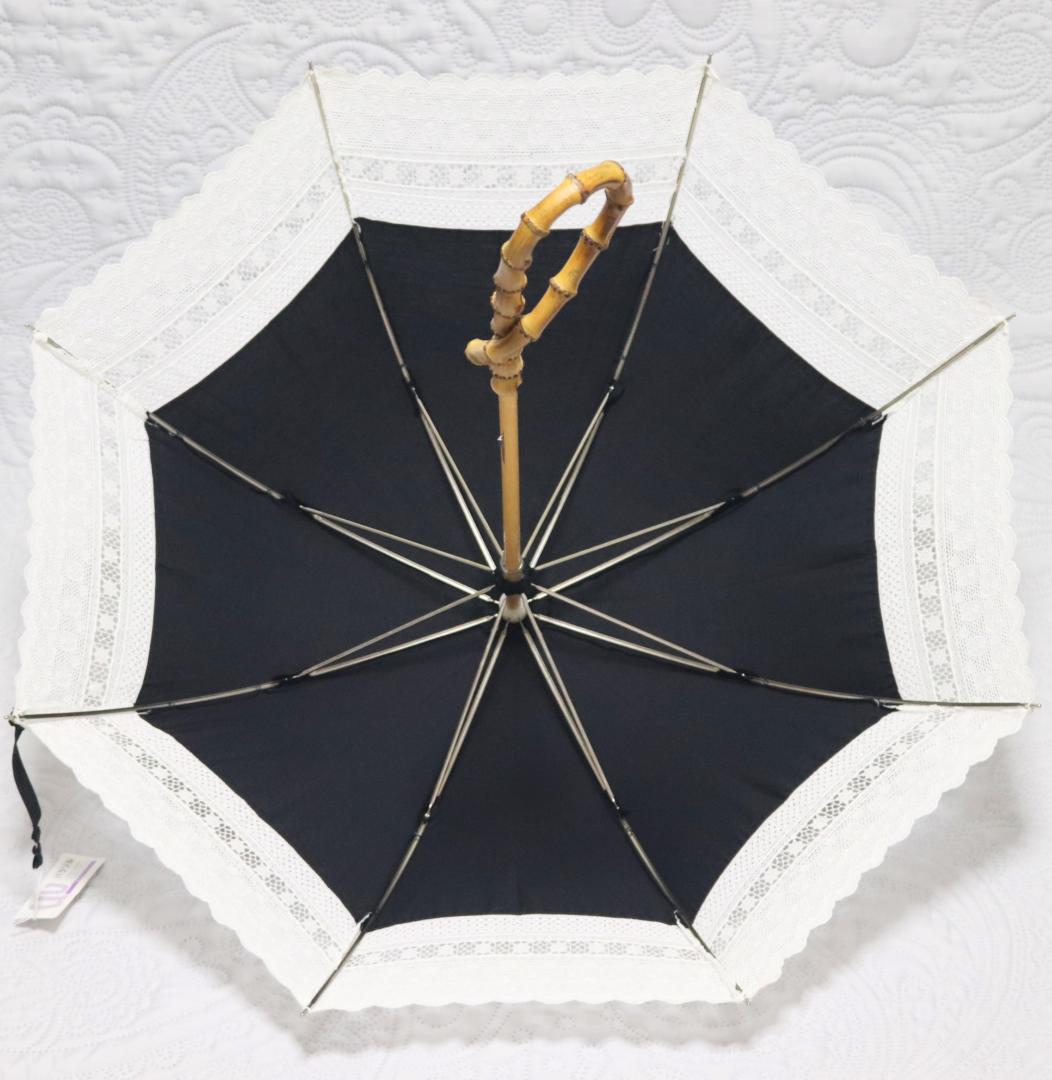 新品タグ付き【長傘 日傘】綿100％ 希少!竹ねじれ持ち手 高級レース使用 黒