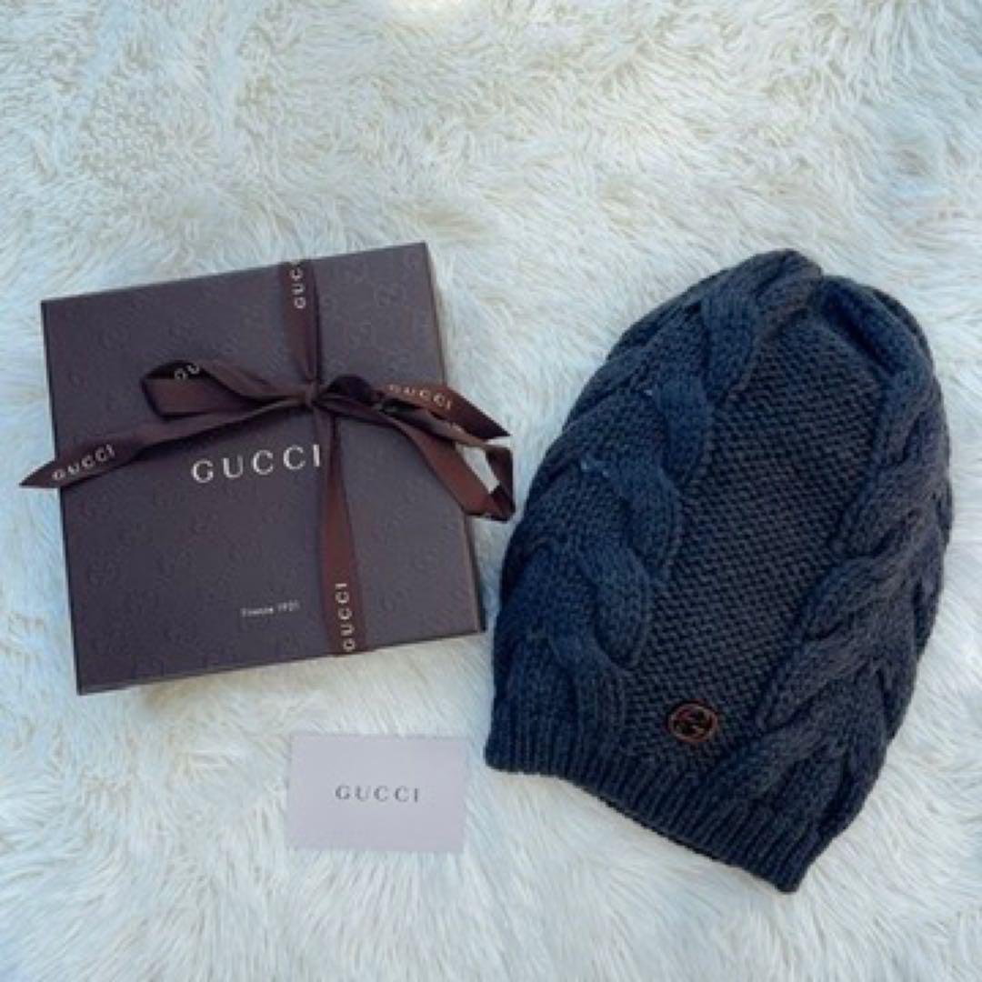 美品 GUCCI グッチ ニット グッチ ニット帽 GG ウール 黒 M 箱付き