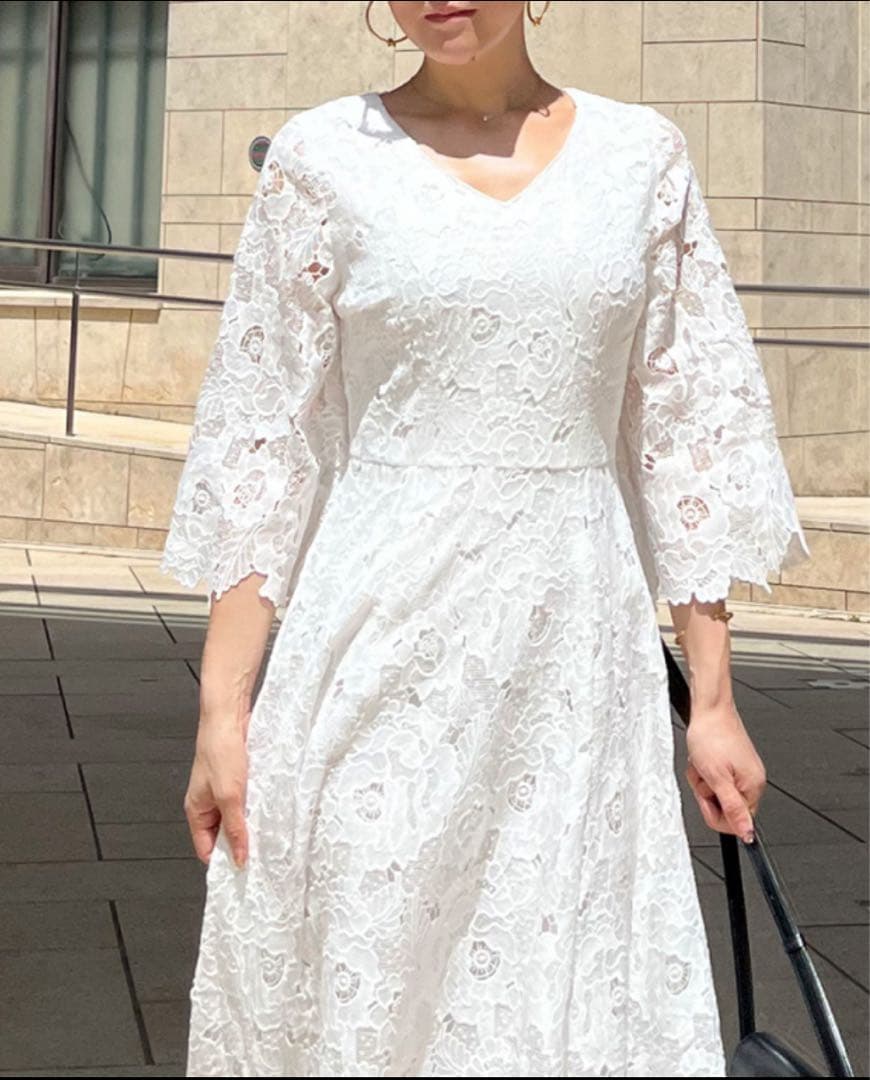 ホワイトレースマキシドレス 七分袖 Vネック