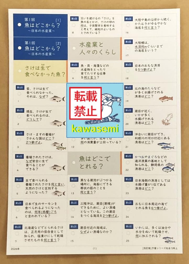 カット済【中学受験】予習シリーズ 社会 5年上(第1-4回) 地理 暗記カードa