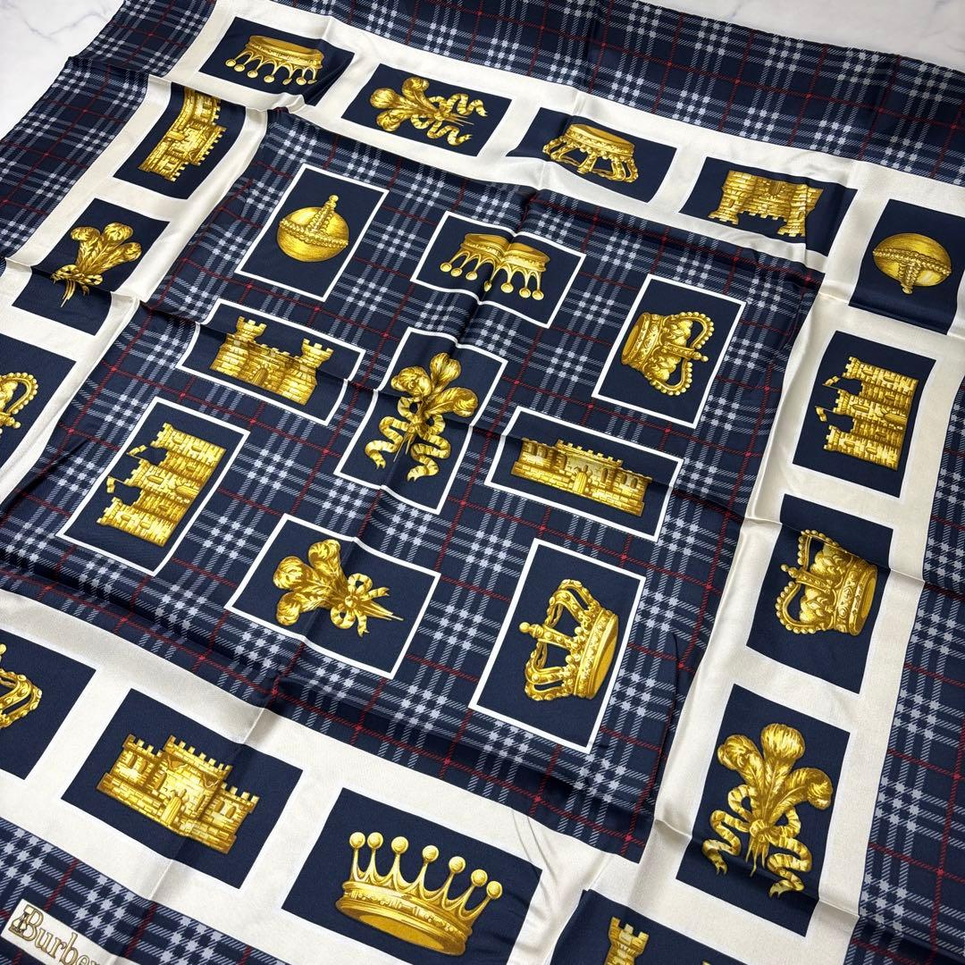 0325 バーバリー　スカーフ　王冠　チェック　ネイビー　未使用　タグ付き.