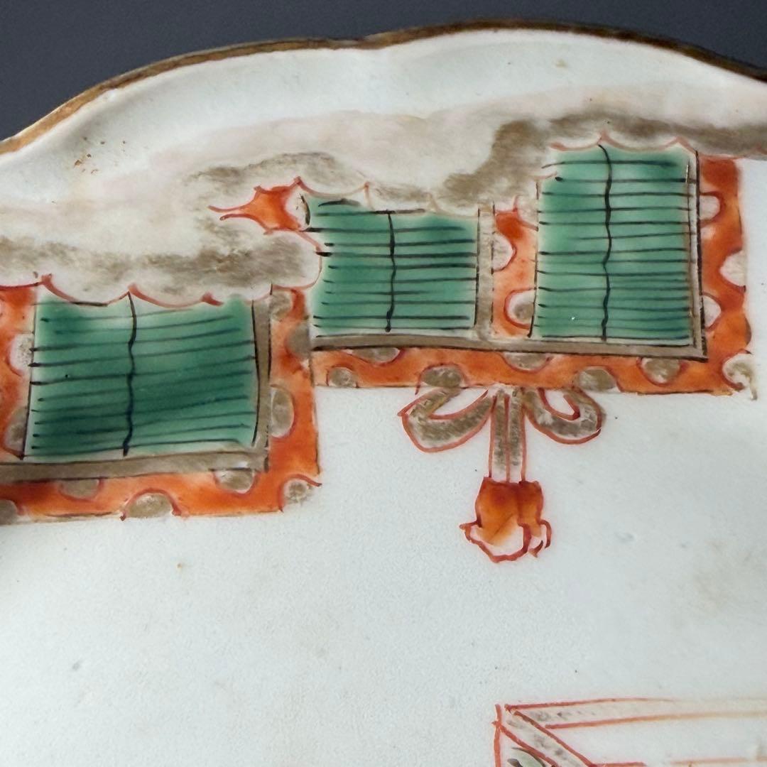 江戸後期〜明治　古伊万里　色絵屏風文様輪花形五寸皿　五枚　15.6cm　料理屋