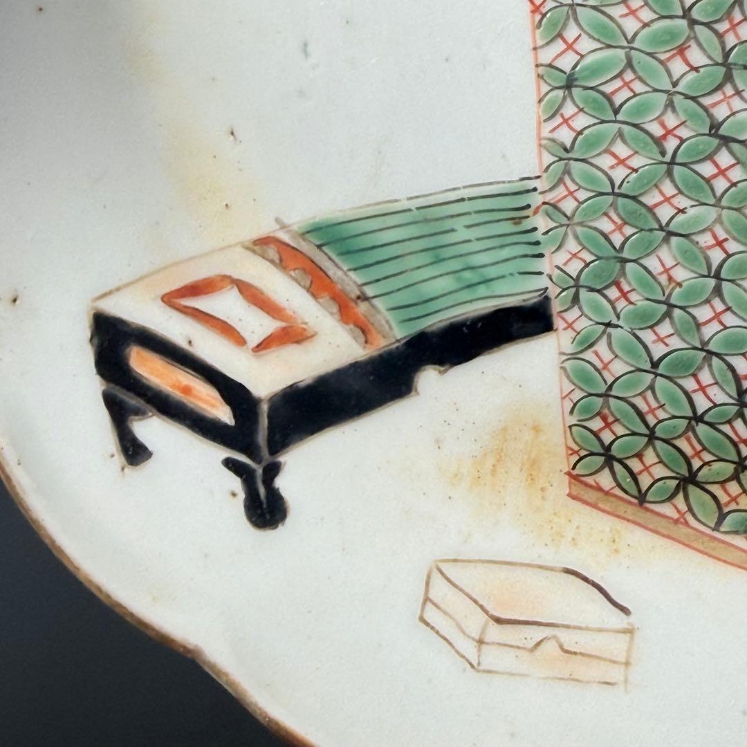 江戸後期〜明治　古伊万里　色絵屏風文様輪花形五寸皿　五枚　15.6cm　料理屋