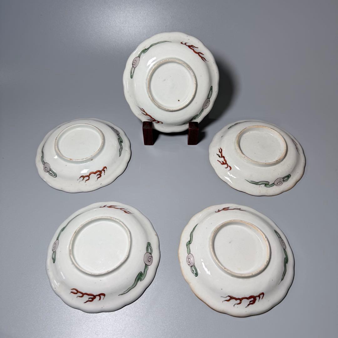 江戸後期〜明治　古伊万里　色絵屏風文様輪花形五寸皿　五枚　15.6cm　料理屋