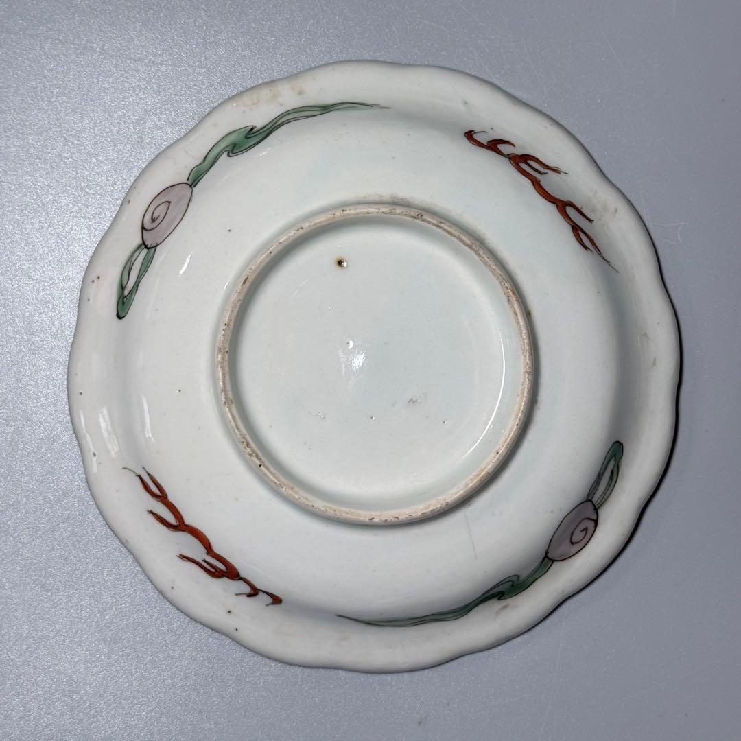 江戸後期〜明治　古伊万里　色絵屏風文様輪花形五寸皿　五枚　15.6cm　料理屋