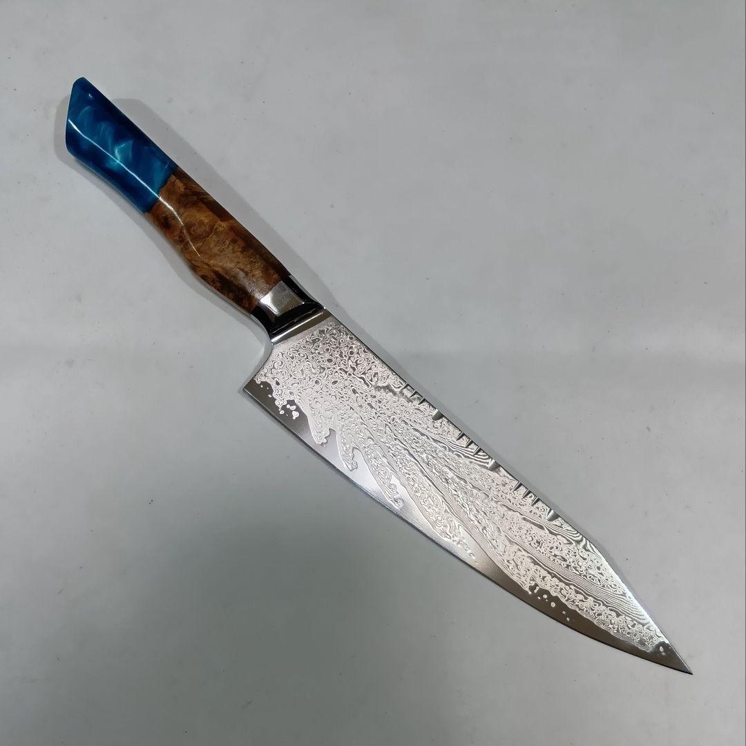 V金10号 67層ダマスカス鋼 ハイポリッシュ 切付 牛刀包丁 レジンウッド柄