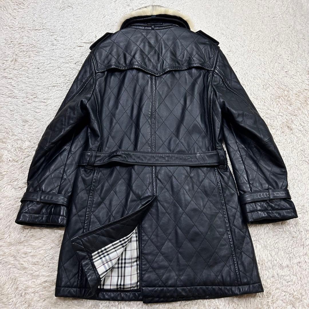バーバリー ラムレザートレンチコート 黒 Mサイズ ラビットファー キルティング