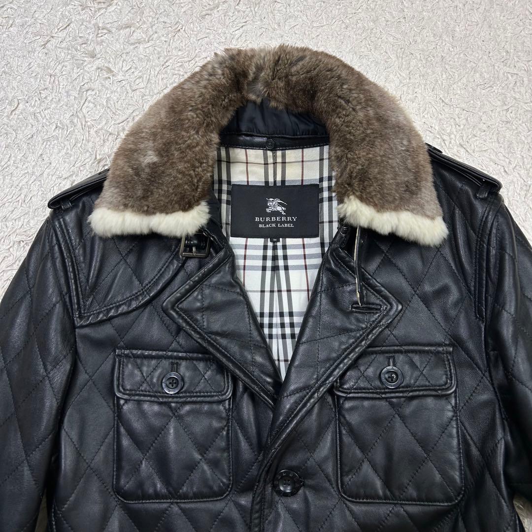 バーバリー ラムレザートレンチコート 黒 Mサイズ ラビットファー キルティング