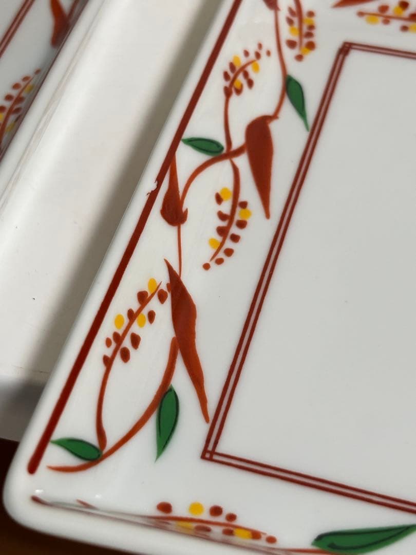 【未使用】たち吉　橘吉　赤絵　長角皿揃　5枚セット　長皿　焼物皿　花紋　木箱