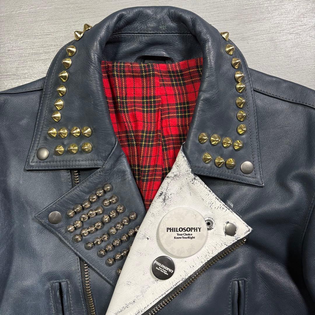 鋲ジャン　ダブルライダース　本革　裏地チェック　スタッズ　パンク　カスタム　M