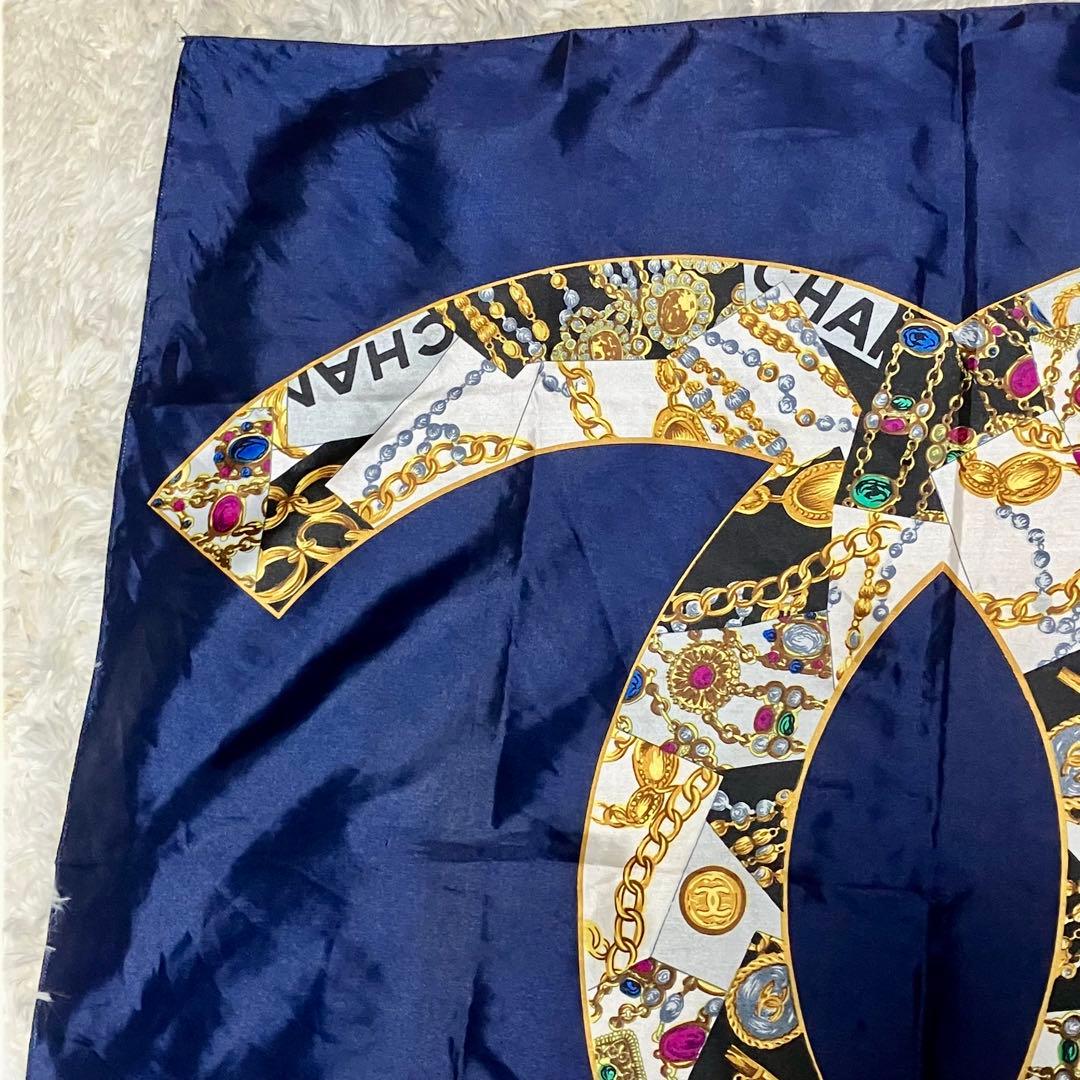 CHANEL シャネル 大判 スカーフ ネイビー ココマーク ジュエリー柄