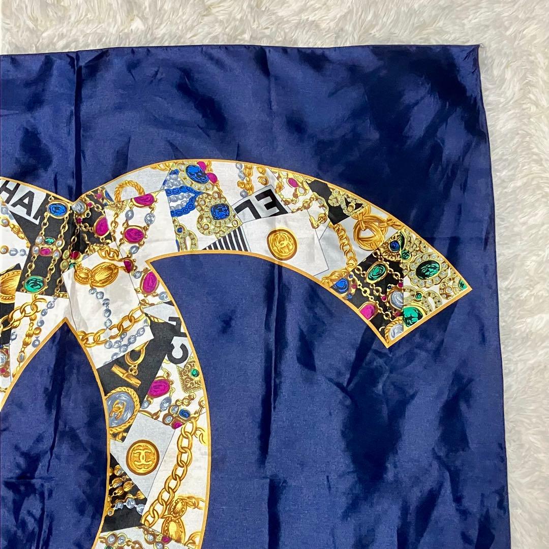 CHANEL シャネル 大判 スカーフ ネイビー ココマーク ジュエリー柄
