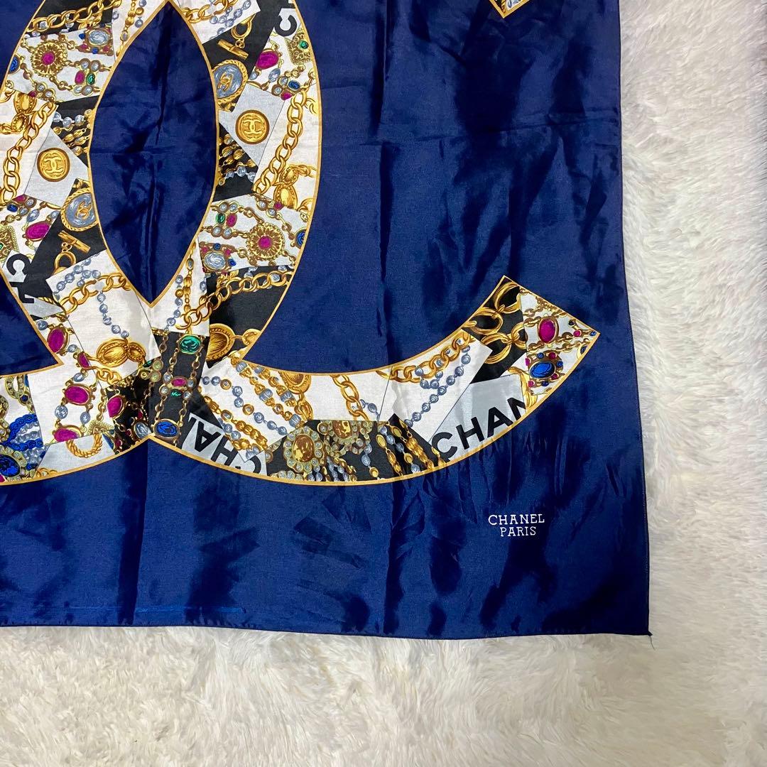 CHANEL シャネル 大判 スカーフ ネイビー ココマーク ジュエリー柄