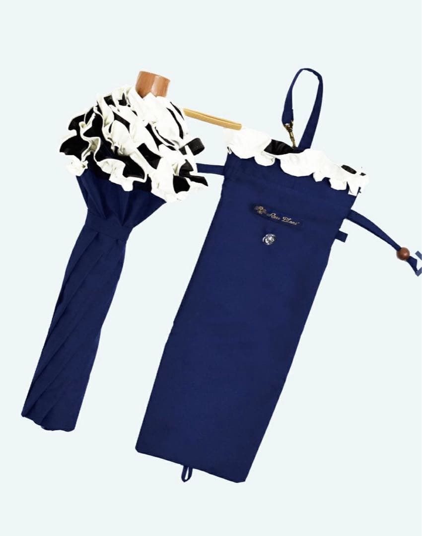 芦屋ロサブラン　3段折　日傘　フリル　ネイビー　アイボリー