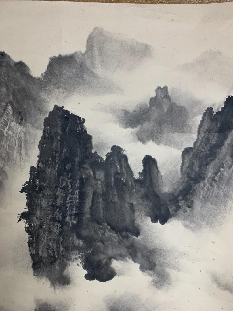 梁栄中 雲山紅帆 山水図 紙本 大幅 掛軸 中国画 396